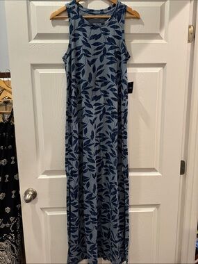 Eddie Bauer Navy Leaf-Print Sleeveless Maxi Dress